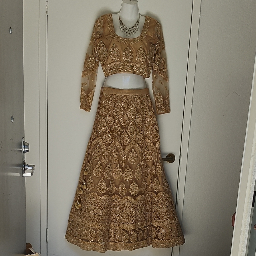Elegant Gold Embroidered Lehenga Set (NWOT)